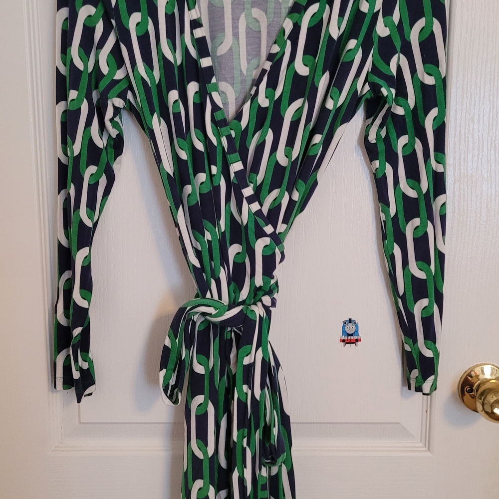 Banana Republic Green and White Chain Print Wrap Dress